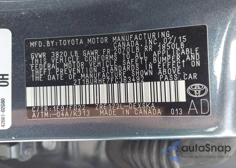 2015 Toyota Corolla S Plus из США, поврежденный, VIN 2T1BURHE7FC363492